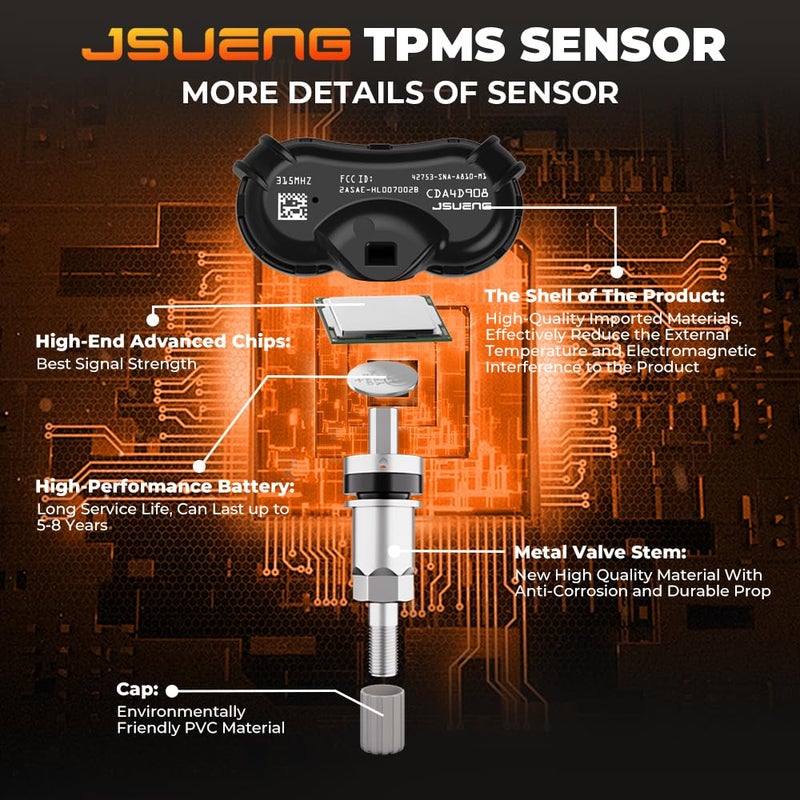 Jsueng 315Mhz TPMS Sensor fit for Honda Civic CR-Z Odyssey Fit Insight Element, 4 Pack Tire Pressure Monitoring System Sensor Replaces 42753-TR3-A81 42753TR3A81 42753SNAA81 42753SNAA83 - Image 4